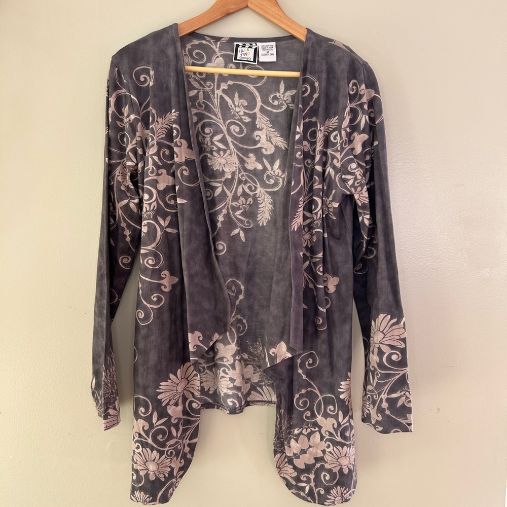 Gray and Tan Floral Cardigan with Open Front